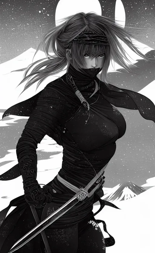 Image similar to portrait ninja gaiden girl, black plus white ninja wardrobe, at snowy fuji mountain sunrise, ssci - fi and fantasy, intricate and very very beautiful, detailed, digital painting, artstation, concept art, smooth and sharp focus, illustration, art by tian zi and wlop and alphonse mucha