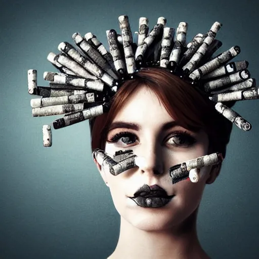 Image similar to full body potrait of a woman. woman is wearing a crown made of cigarettes. Woman is wearing a skull mask. Smoke effects forms question mark. Digital painting. Art station. Mood lighting. - h 1200