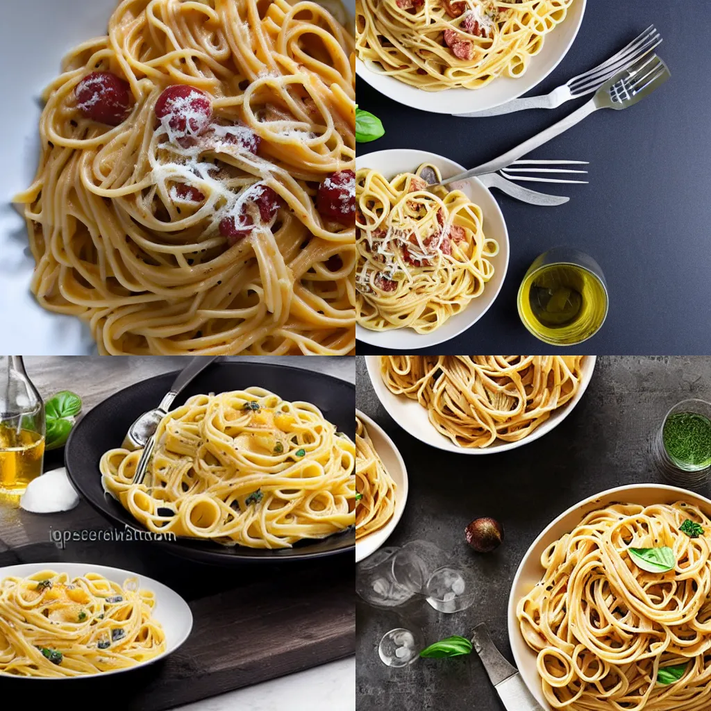 Prompt: perfect pasta alla Carbonara recipe, product photo