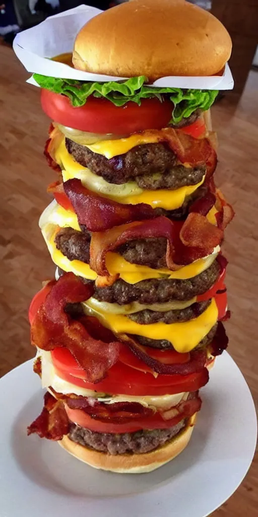 Prompt: a cheeseburger tower made of gigantic stacks of meat patties, bacon, onion rings, tomatoes, lettuce and cheese slices with a bun on each side, delicious looking burger - stack - tower