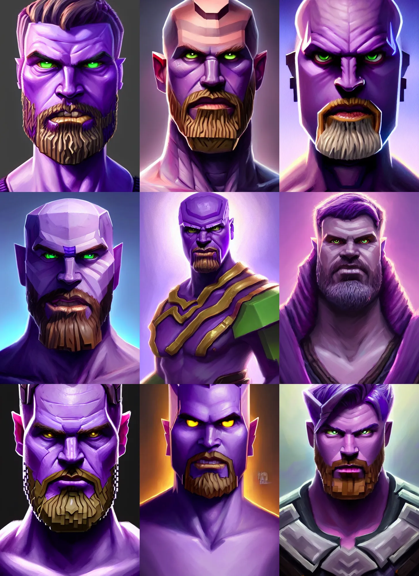 Prompt: a fantasy style portrait painting a character if steve minecraft and thanos had a son, purple skin, powerful chin, minecraft character style traits, painting, unreal 5, daz., rpg, portrait, extremely detailed, artgerm greg rutkowski _ greg