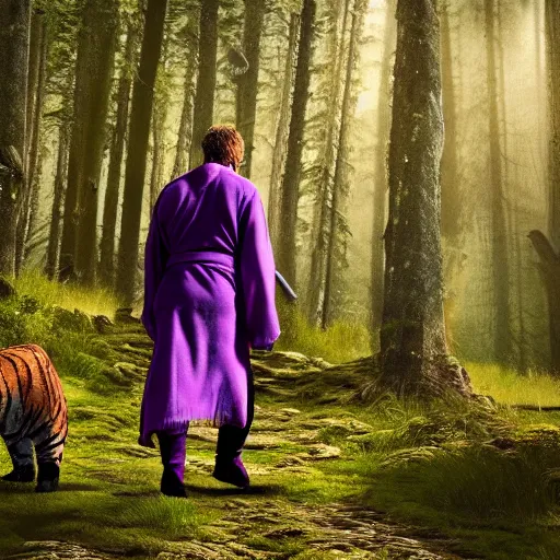 Prompt: a sabretooth tiger walking next to a druid in a purple robe. forest scene. cinematic. epic. octane render. trending.