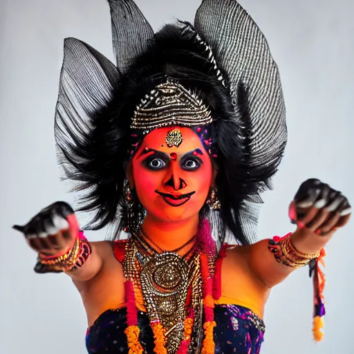 Image similar to Professional studio long shot photography of an Indian woman cosplaying as the goddess Kali in 10 armed ekamukhi form. Kali has 10 arms. She wears gloves.