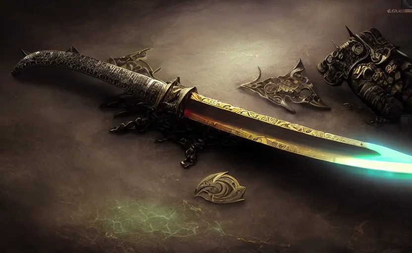 Image similar to legendary sword of cybernetic technology lying flat on a glowing table, digital award winning hd matte painting, intimate dark moody, intricate, long sharp black and iridescent blade, ornate spikes, colorful hilt, detailed realistic, raytraced blade, colored gems, golden pommel, in the style of greg rutkowski and krenz cushart, deviantart