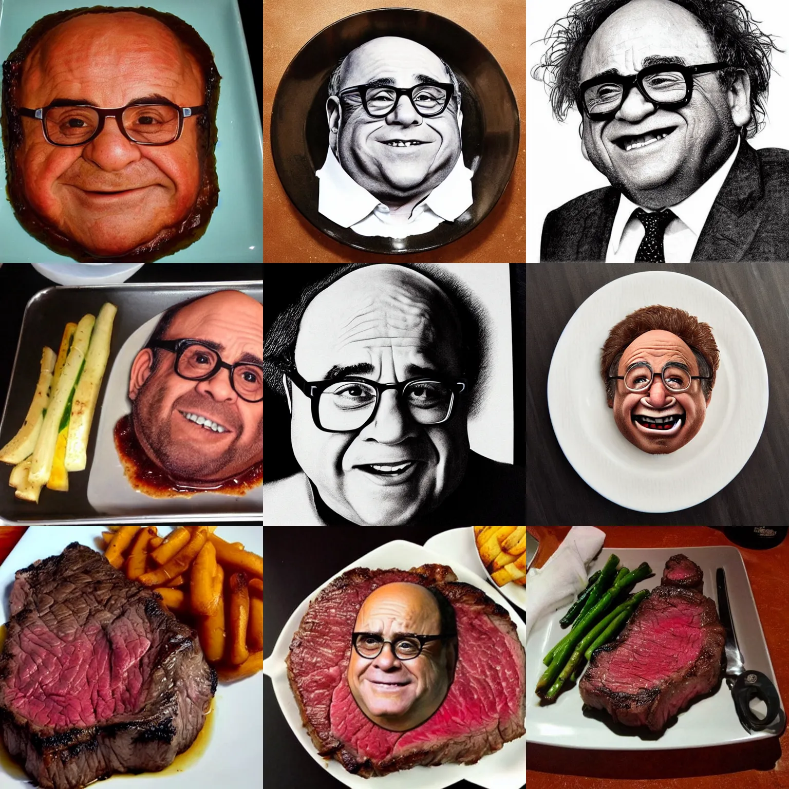 Prompt: a steak with danny devito's face