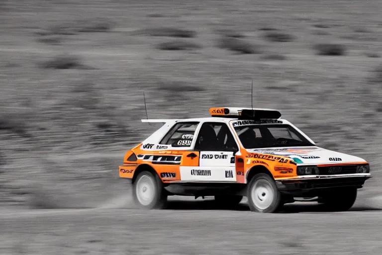 Prompt: Audi quattro rally car driving thru the desert. Cactus. Muted colors, photograph, high-speed photography, motion blur, midday, film 35mm