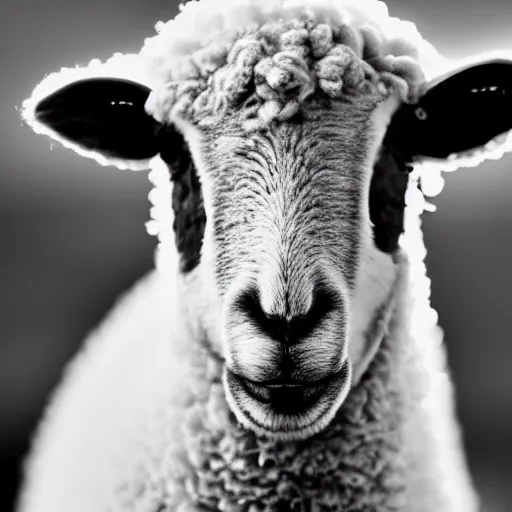 Prompt: a photograph of a sheep wearing sunglasses on it's eyes, low resolution, black and white, close up, 1 0 0 mm lens.