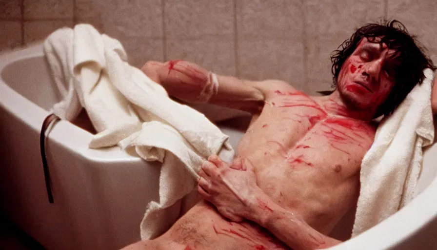 Image similar to movie still of jean - paul marat a wound at the chest, bleeding in the bath, cinestill 8 0 0 t 3 5 mm, high quality, heavy grain, high detail, cinematic composition, dramatic light, anamorphic, ultra wide lens, hyperrealistic, by pasolini