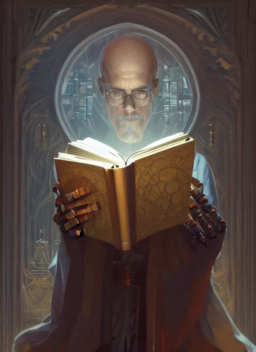 Image similar to portrait of a robot wizard reading a big book, transparent scalp, window, intellectual, sofisticated, medieval fantasy, highly detailed, digital painting, artstation, concept art, character art, art by greg rutkowski and tyler jacobson and alphonse mucha