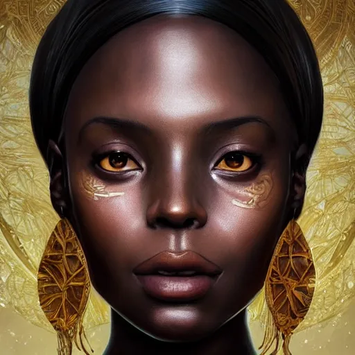 Image similar to studio portrait of a black queen with a beautiful eyes, ultra realistic, concept art, intricate details, eerie, horror, highly detailed, photorealistic, octane render, 8 k, unreal engine. art by artgerm and greg rutkowski and alphonse mucha