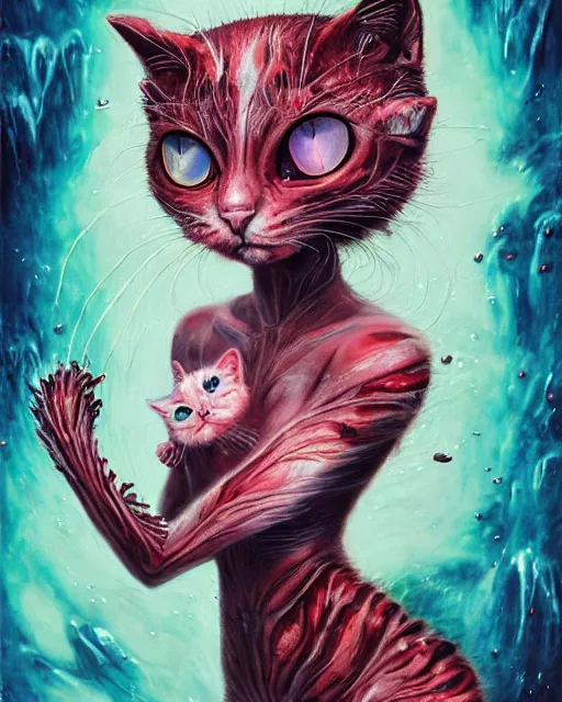 Image similar to a cute bloody kitty cat played by kate bckinsale, created by antonio j. manzanedo, giger, alex grey, android jones, wayne barlowe, philippe druillet, raymond swanland, cyril rolando, josephine wall, harumi hironaka, trending on artstation