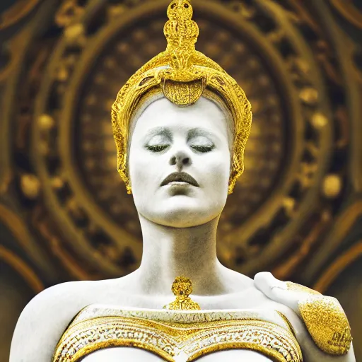 Prompt: a statue made of white marble with gold veins, of a fully dressed beautiful pregnant woman, wearing a dress, perfect symmetrical body, perfect symmetrical face, closed eyes, hyper realistic, hyper detailed, fujicolor superia, bokeh background, full body shot, vatican, by peter kemp, by monia merlo octane render, blender, 8 k