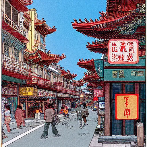 Image similar to a street in chinatown, by moebius