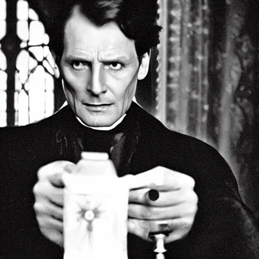 Image similar to Jeremy Brett as Sherlock Holmes as a powerful Warlock, with green energy emanating from his eyes.