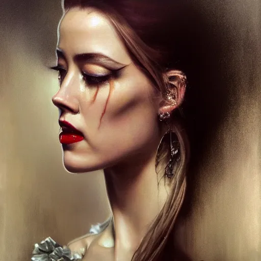 Image similar to hyperrealistic portrait of a woman as amber heard as a vampire witch tears makeup dramatic in a black flower coat reflection in a stone mirror greasy canvas. by jeremy mann and alphonse mucha, fantasy art, photo realistic, dynamic lighting, artstation, poster, volumetric lighting, very detailed faces, 4 k, award winning