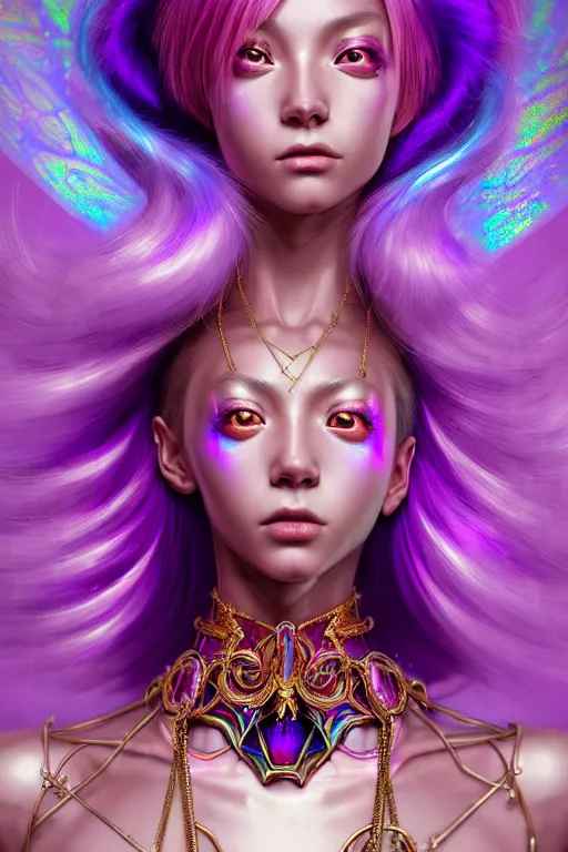 Image similar to hyperdetailed portrait of a stunningly beautiful pink female androgynous wizard guard made of iridescent metals and shiny purple gems, bright rainbow nimbus, golden necklace, inspired by ross tran and wlop and masamune shirow and kuvshinov, concept art, intricate, photorealistic, octane render, rtx, hdr, unreal engine, dnd digital art by artgerm
