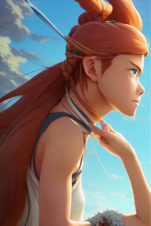 Image similar to long ginger hair, tanned woman in a prehistoric outfit, by artgerm, hair tied in a ponytail, white background, by studio muti, greg rutkowski makoto shinkai takashi takeuchi studio ghibli