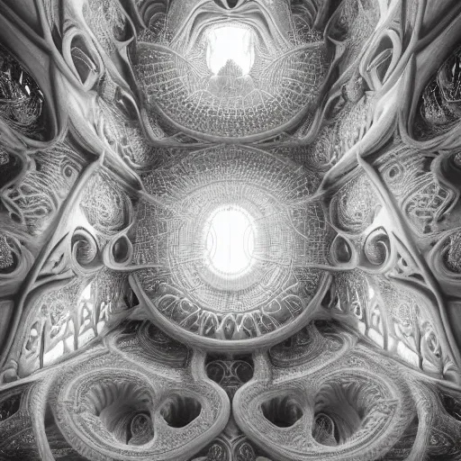 Image similar to a hyperrealistic 3 d render of a huge sprawling fractal cathedral interior populated by mandelbrot fractals by android jones, unreal engine, carved stone, carved soap, white color scheme, volumetric lighting, octane render, dramatic lighting, glowing, carved marble, opalescent, sacred geometry, religious, angelic, catholicpunk, stark, 8 k, ultra detailed