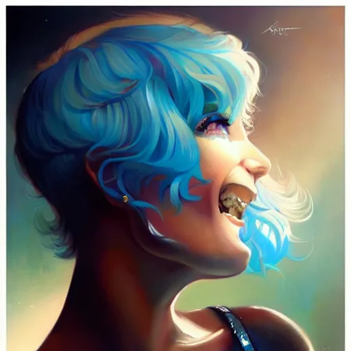 Prompt: a beautiful painting of a smiling woman with stylish short blue hair and sparkling blue eyes representative of the art style of artgerm and wlop and peter mohrbacher