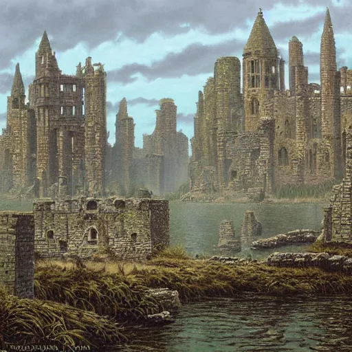 Prompt: ruined stone city and towers in a lake. misty weather. painting by Ted Nasmith and Larry Elmore.