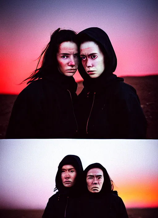 Image similar to cinestill 5 0 d photographic portrait of two loving clones, women wearing rugged black techwear on a desolate plain with a red sky, extreme closeup, diverse species, cyberpunk, in front of a brutalist dark metal facility, dust storm, 3 5 mm, 8 k, f / 3 2, high resolution, ultra realistic faces, beautiful faces