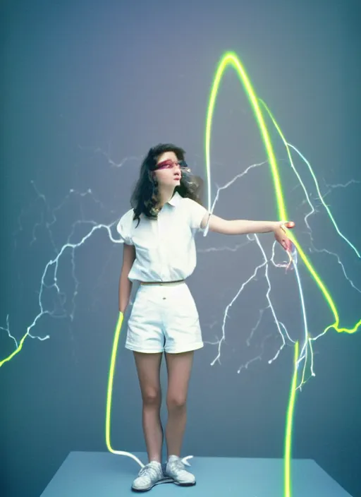 Image similar to realistic photo portrait of a a scientist girl dressed in white shorts, at glowing laser beams in a grey sky, covered with electricity, 1 9 9 0, life magazine photo, natural colors, museum collection, kodak