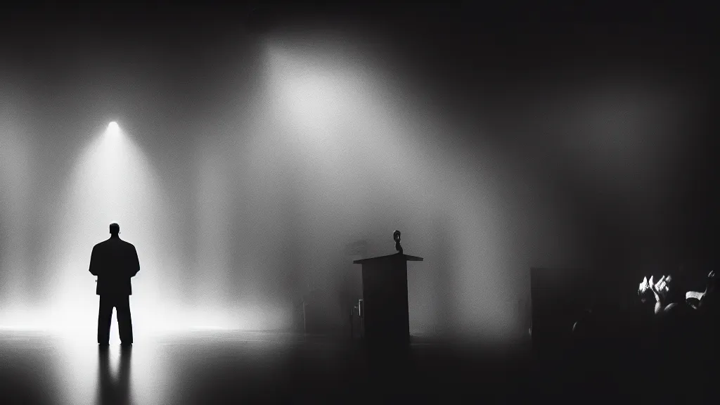 Prompt: a priest stands in front of the crowd on the podium, fog, volumetric lighting, mystique, atmospheric, sharp focus, ultra detailed, noir art house, 4 k, cinematic, 3 5 mm
