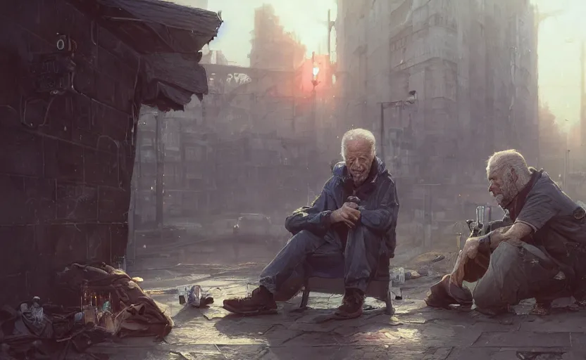 Image similar to highly detailed portrait of joe biden as a homeless, in vr, stephen bliss, unreal engine, fantasy art by greg rutkowski, loish, rhads, ferdinand knab, makoto shinkai and lois van baarle, ilya kuvshinov, rossdraws, tom bagshaw, global illumination, radiant light, detailed and intricate environment