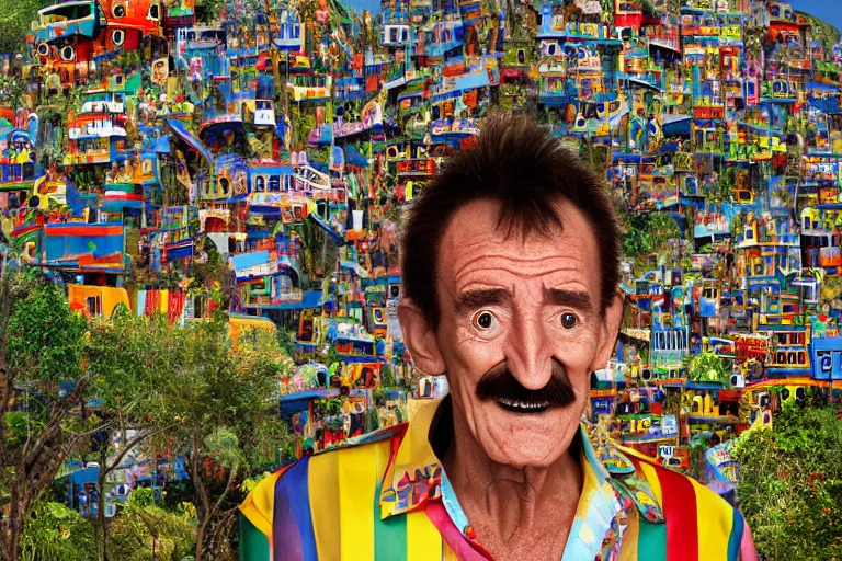 Prompt: Barry Chuckle as neo-Andean architecture by Freddy Mamani, realistic human-building hybrid