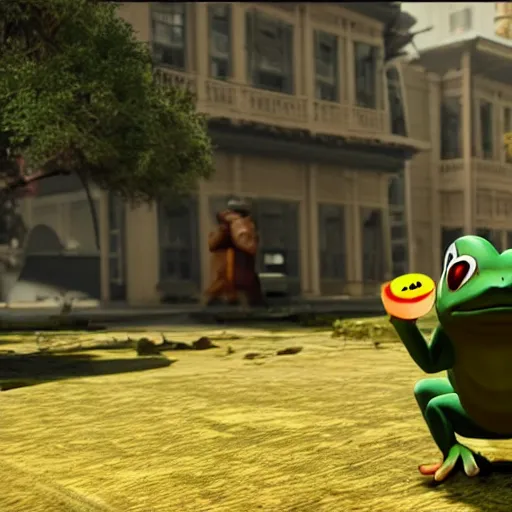 Prompt: frog pokemon, wes anderson, screenshot from call of duty black ops 2