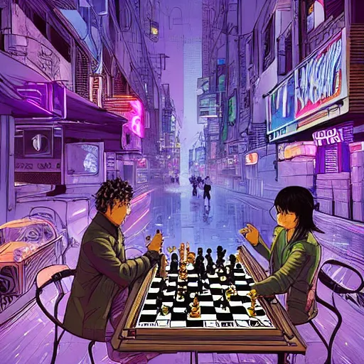 Cyberpunk chess board over cityscape