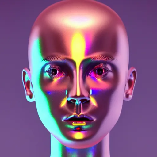 Image similar to 3d render of holographic human robotic head made of glossy iridescent, surrealistic 3d illustration of a human face non-binary, non binary model, 3d model human, cryengine, made of holographic texture, holographic material, holographic rainbow, concept of cyborg and artificial intelligence