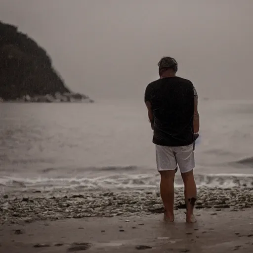 Image similar to guy crying on the beach of vernazzola genova alone. rain. dark. night. broken heart.