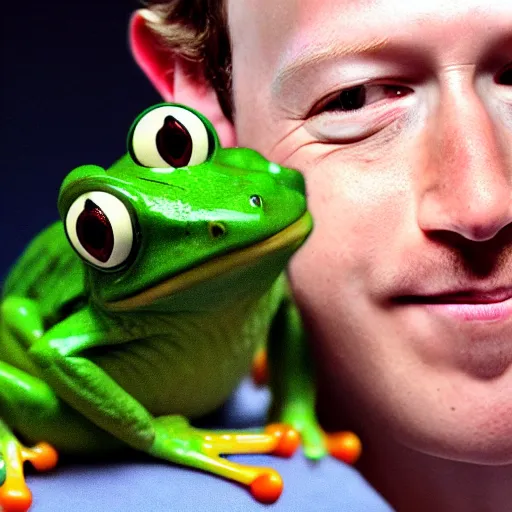 Image similar to mark zuckerberg with a frog on his shoulder