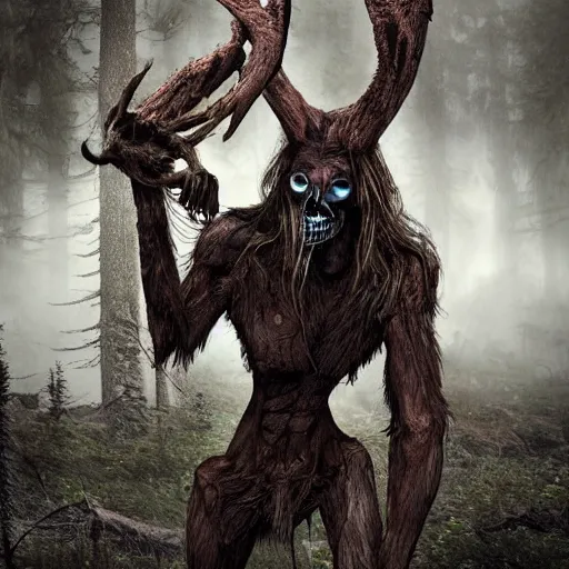 Prompt: a photograph of a cryptid hunter wearing the remains of a wendigo, hyper realistic, photorealistic, highly detailed