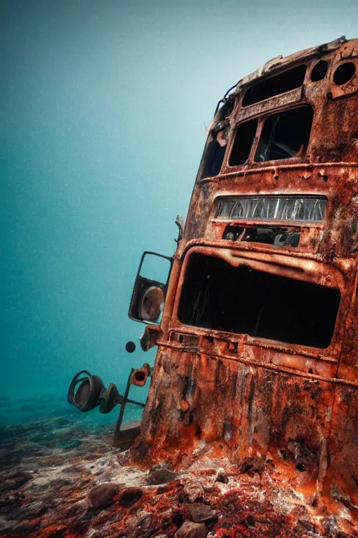 Prompt: a rusty, corroded bus at the bottom of the ocean, cloudy water, underwater photography, national geographic, 8 k, high quality