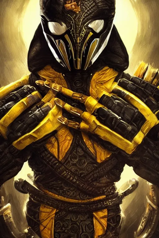 Prompt: ultra realistic illustration, scorpion from mortal kombat dressed like a wakandan warrior, hacknaut cyberpunk, sci - fi, fantasy, intricate, elegant, highly detailed, digital painting, artstation, concept art, smooth, sharp focus, illustration, art by artgerm and greg rutkowski and alphonse mucha