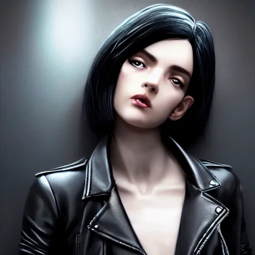 Prompt: black haired female in a black leather jacket, realistic character concept, medium shot, fun pose, comic book, illustration, slender symmetrical face and body, artstation, cinematic lighting, hyperdetailed, cgsociety, 8k, high resolution, Charlie Bowater, Tom Bagshaw, single face, insanely detailed and intricate, beautiful, vfx, postprocessing