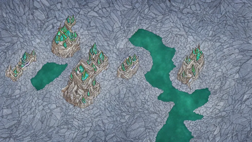 Prompt: Aerial view of a wizard tower surrounded by an ice cave to the west, a fire cave to the east, a emerald mine to the north and a diamond mine to the south, lineart, colored