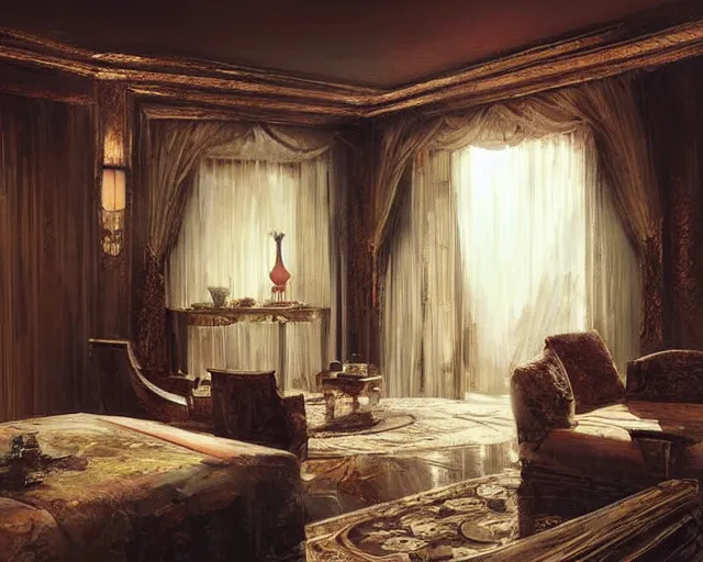 Image similar to a luxury hotel! suite room in the style of imperial! china! qin!, art by greg rutkowski and artgerma, stunning! concept art, interior! design