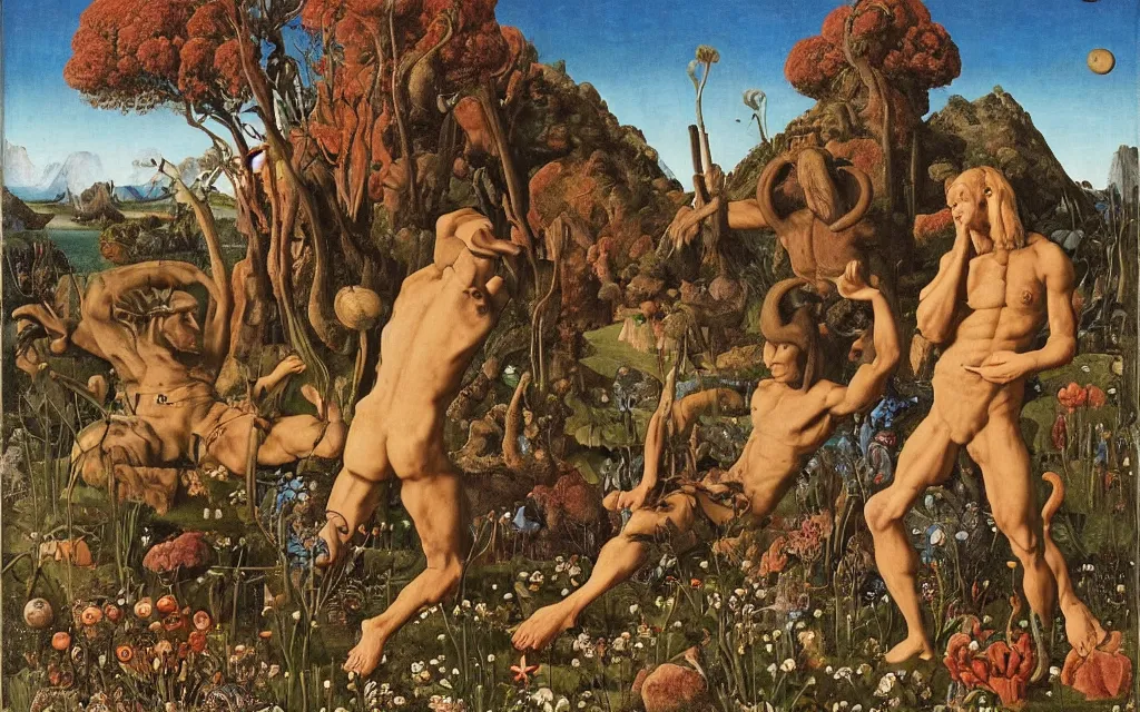 Image similar to a portrait photograph of a meditating satyr and a centaur monk riding a rocket machine and hunting at a river delta. surrounded by bulbous flowers and trees. mountain range under a blue sky of fiery stars. by jan van eyck, max ernst, ernst haeckel, ernst fuchs and artgerm, cgsociety, fashion editorial, 8 k