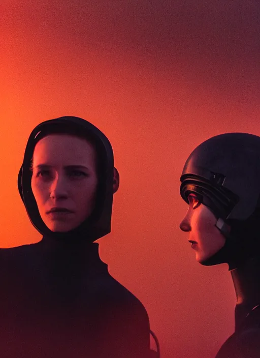 Prompt: cinestill 5 0 d photographic portrait of two loving female androids wearing rugged black techwear on a desolate plain with a red sky, extreme closeup, cyberpunk style, dust storm, 8 k, hd, high resolution, 3 5 mm, f / 3 2, ultra realistic faces, ex machina, by ashley gilbertson