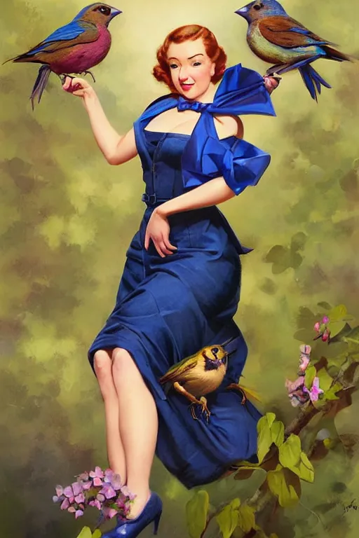 Image similar to hyper realistic painting, pinup girl holding an indigo bunting, bird, the bird is wearing a bowtie, by greg rutkowski, rossdraws, gil elvgren, enoch bolles, anime, artgerm, porcelain skin, glistening, very coherent,