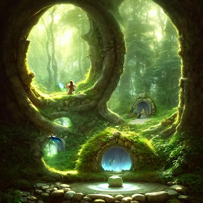 Image similar to Fantasy Magical fairy-tale stone portal in the forest. Round stone portal teleport in trees to other worlds. Fantastic landscape. Magic Altar in the fores, highly detailed, digital painting, artstation, concept art, smooth, sharp focus, illustration, art by artgerm and greg rutkowski and alphonse mucha