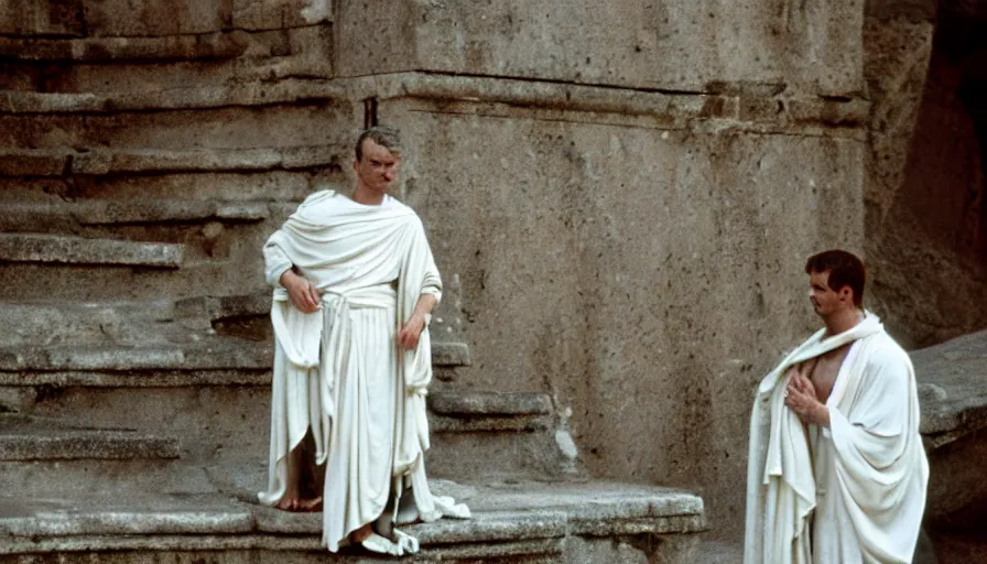 Prompt: 1 9 6 0 s movie still close - up of caligula in a white toga dead on the ancient amphitheater's stairs, cinestill 8 0 0 t 3 5 mm, high quality, heavy grain, high detail, dramatic light, anamorphic, blood