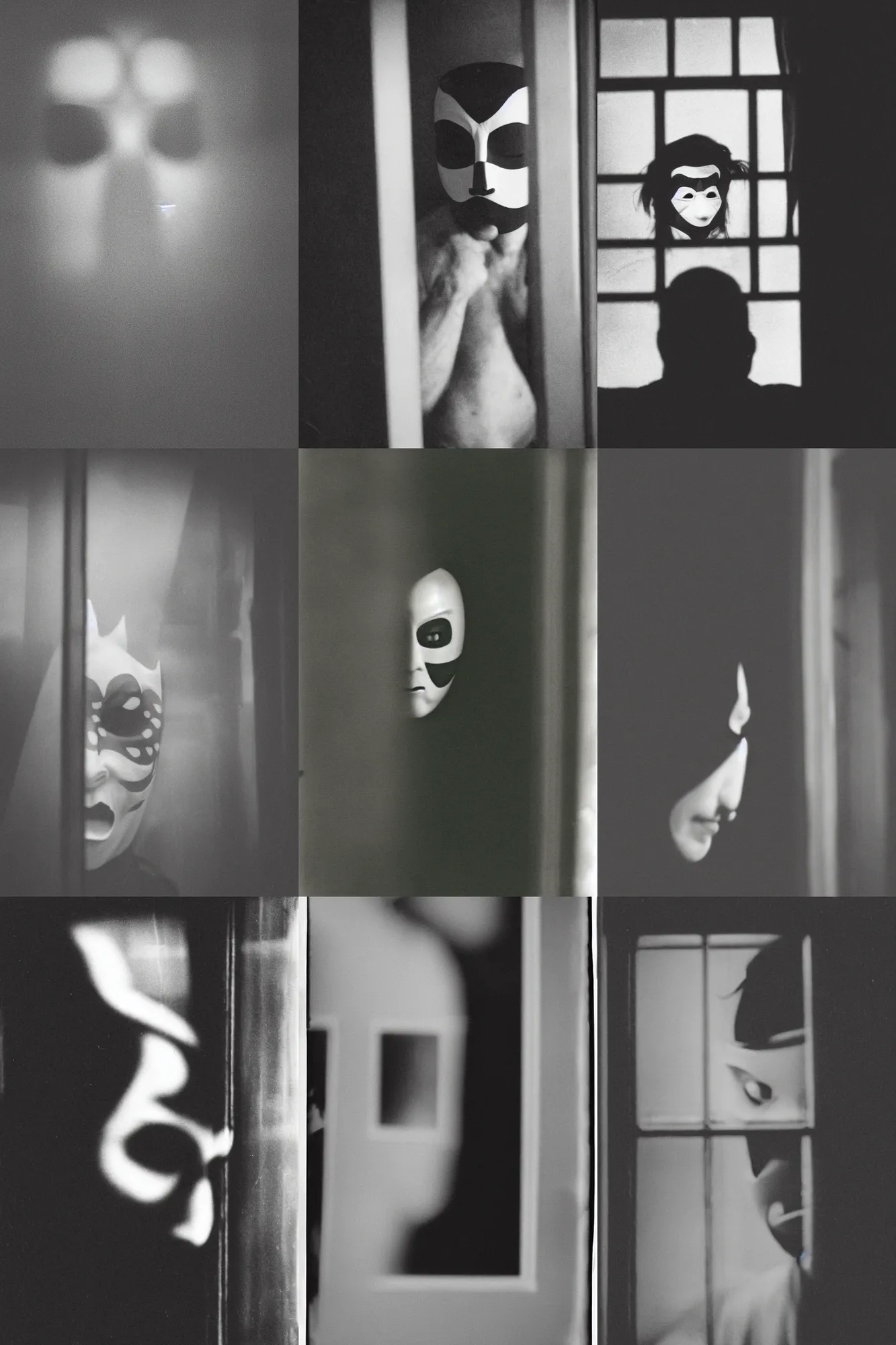 Prompt: grainy black and white film photo of a man wearing a kabuki mask looking in through a window, creepy, dark