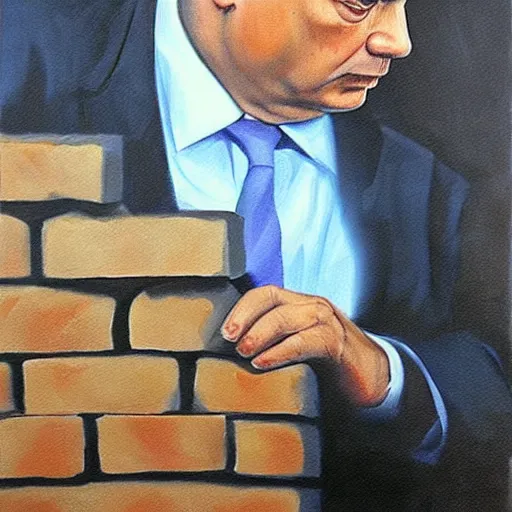 Image similar to viktor orban laying bricks, oil painting