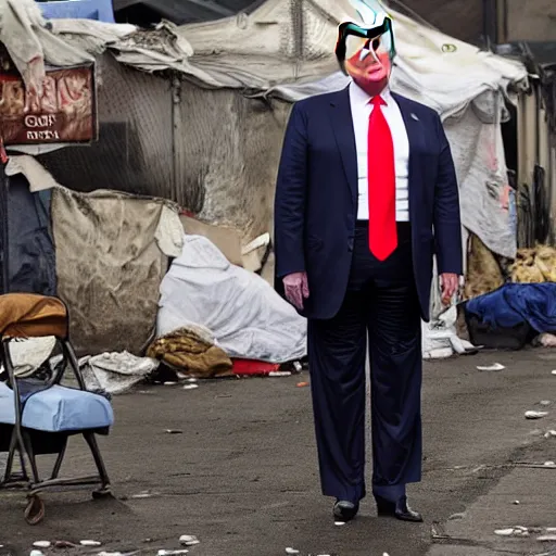 Image similar to donald trump dressed as a homeless man living in the slums