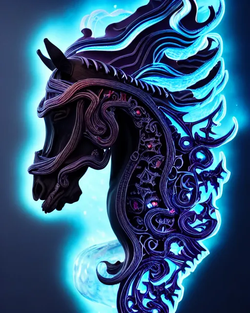 Image similar to 3 d ornate carved dark cosmic horse with profile portrait, sigma 5 0 0 mm f / 5. beautiful intricate highly detailed horse skull. bioluminescent, plasma, lava, ice, water, wind, creature, thunderstorm! artwork by tooth wu and wlop and beeple and greg rutkowski, 8 k trending on artstation