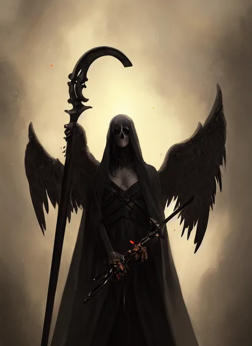 Image similar to a portrait of a beautiful angel of death with black wings holding a large scythe by marco bucci and greg rutkowski, sharp focus, very detailed, cinematic, closeup, trending on artstation, 4 k